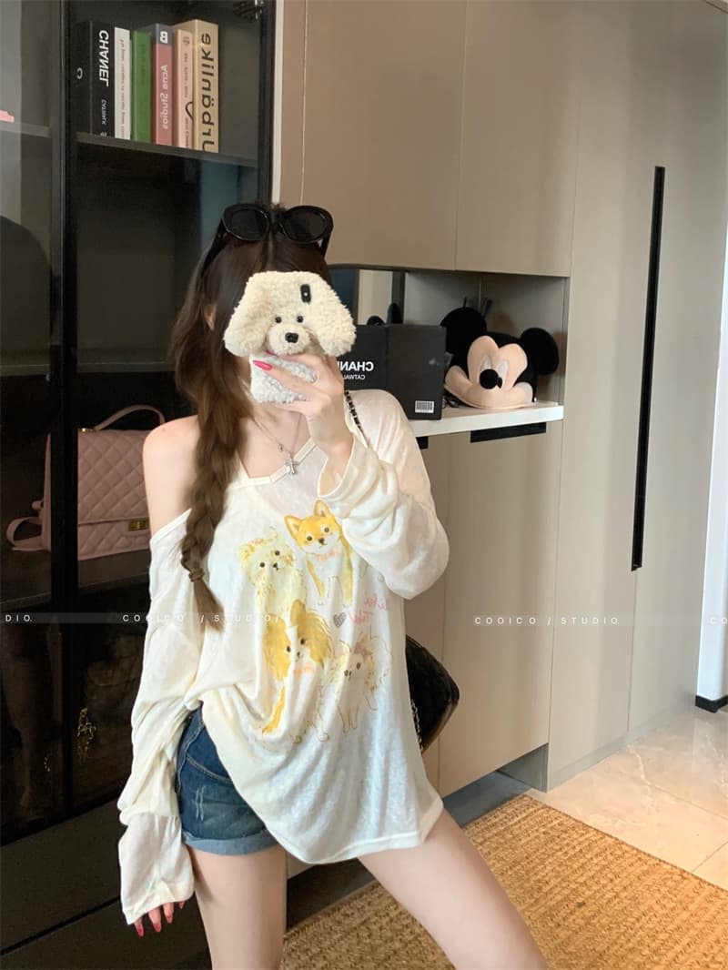 실사 정가 강아지 프린트 티셔츠 V넥 자외선 차단 블라우스 인사이드 가져 가라. 행침 목 슬립 투피스 세트 상세 이미지 3