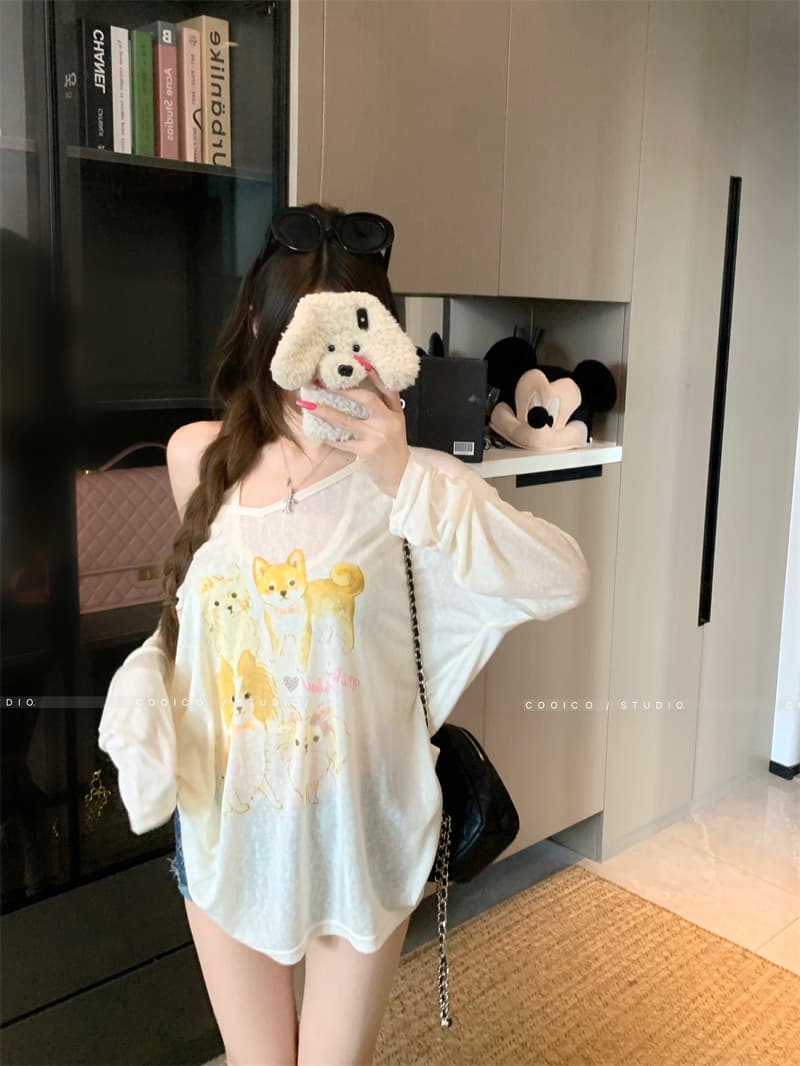 실사 정가 강아지 프린트 티셔츠 V넥 자외선 차단 블라우스 인사이드 가져 가라. 행침 목 슬립 투피스 세트 상세 이미지 6