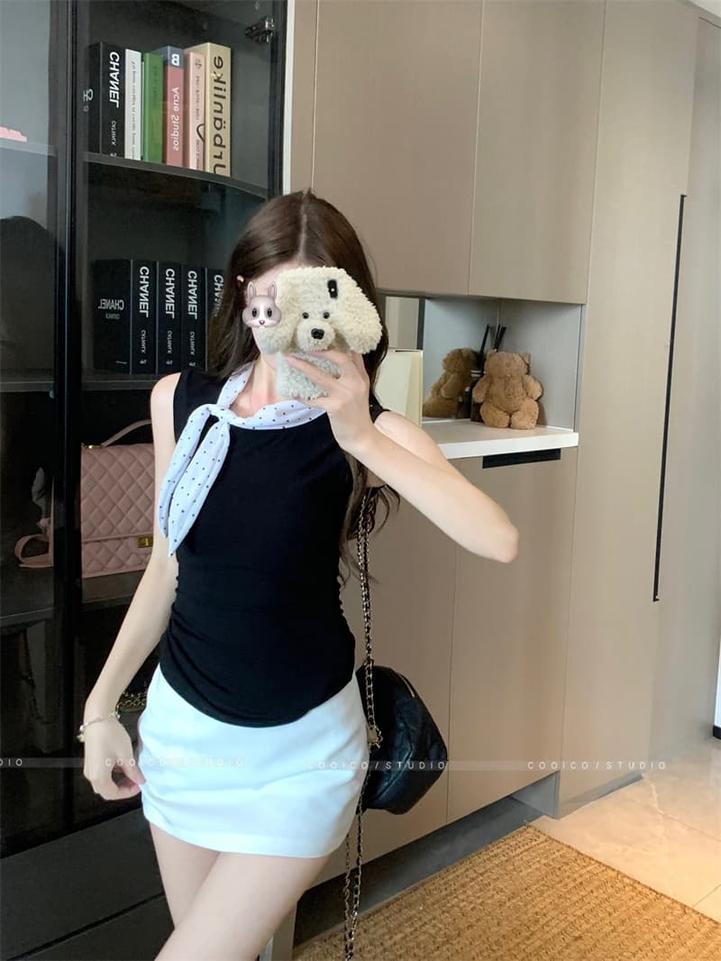 실사 정가 조끼 여성 여름 프랑스식 핫걸 검정색 고급 센스 민소매 맨위 반신 스커트 투피스 세트 이미지 3