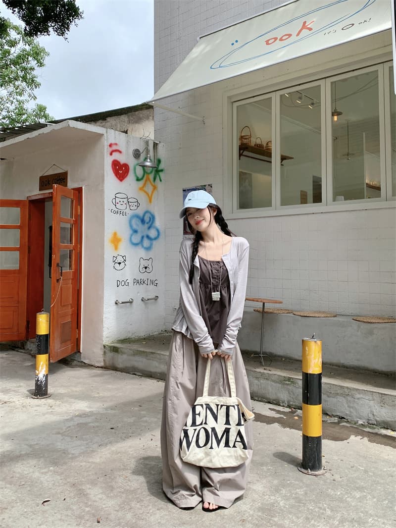 실사 정가 얇은 스타일 자외선 차단 카디건 코트 루즈핏 캐미솔 넓은 다리 캐주얼 바지 긴 바지 3종 세트 상세 이미지 9