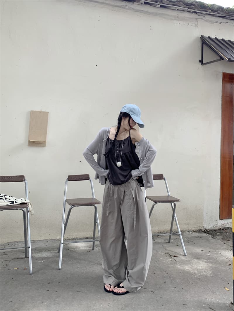 실사 정가 얇은 스타일 자외선 차단 카디건 코트 루즈핏 캐미솔 넓은 다리 캐주얼 바지 긴 바지 3종 세트 상세 이미지 13
