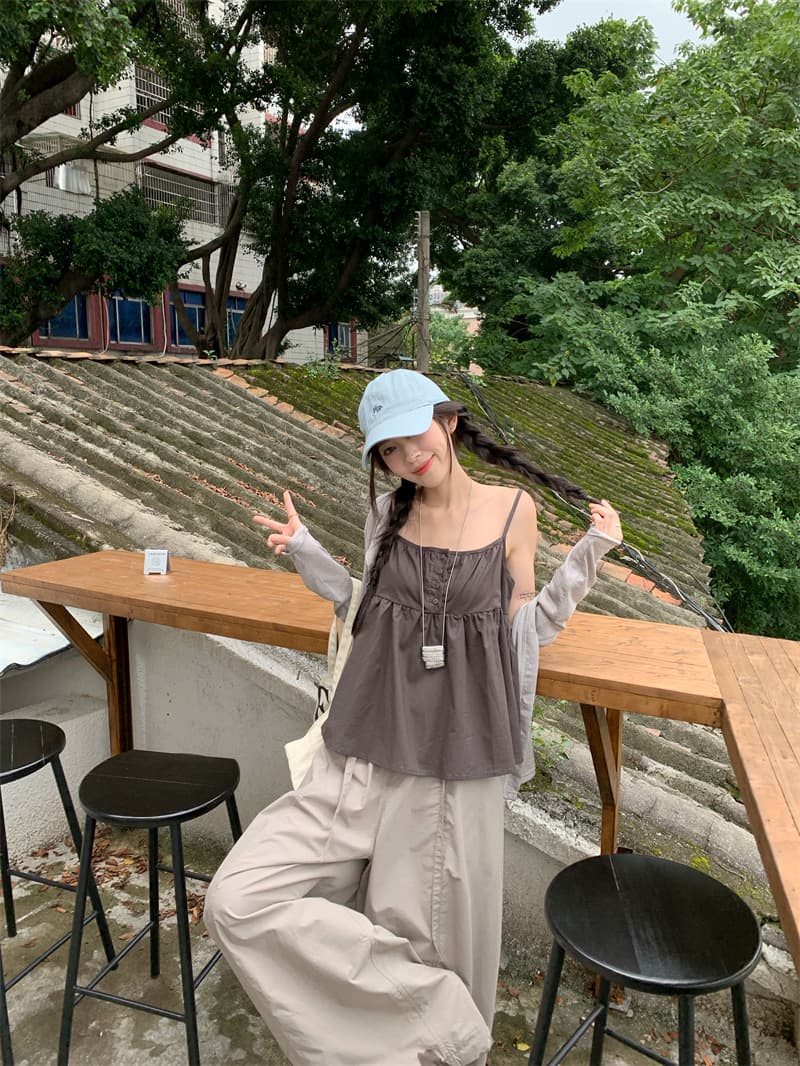 실사 정가 얇은 스타일 자외선 차단 카디건 코트 루즈핏 캐미솔 넓은 다리 캐주얼 바지 긴 바지 3종 세트 상세 이미지 20