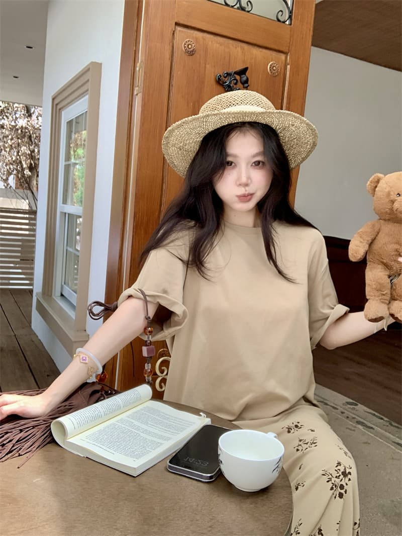 실사 정가 미니멀리즘 느긋한 바람 루즈핏 티셔츠 잉크 꽃무늬 반 스커트 투피스 세트 상세 이미지 18