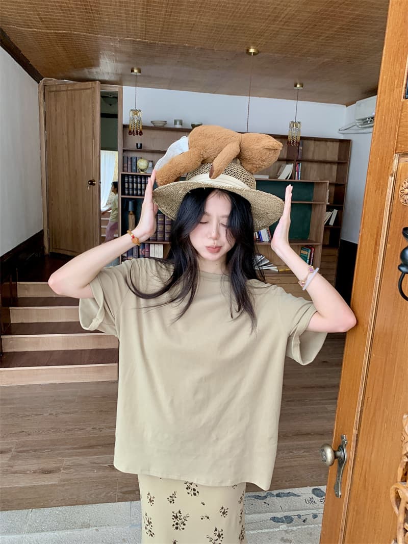 실사 정가 미니멀리즘 느긋한 바람 루즈핏 티셔츠 잉크 꽃무늬 반 스커트 투피스 세트 상세 이미지 22