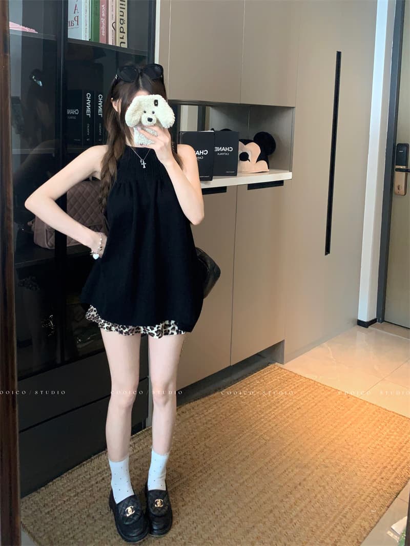 실사 정가 행침 목 맨위 민소매 조끼 작은 셔츠 레오파드 무늬 반신 스커트 한 마디 미니 스커트 이미지 3