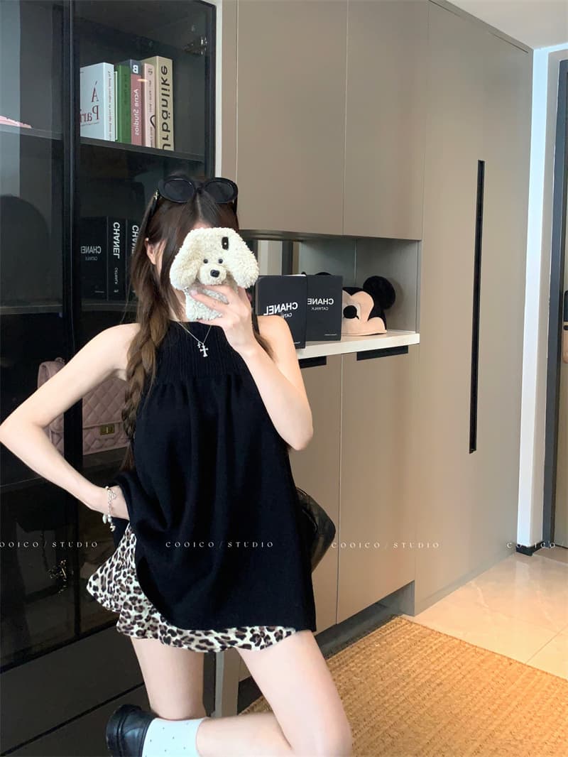 실사 정가 행침 목 맨위 민소매 조끼 작은 셔츠 레오파드 무늬 반신 스커트 한 마디 미니 스커트 상세 이미지 2