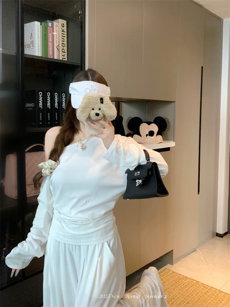 실사 정가 순수한 욕망 높음 폭탄 비스듬한 어깨 긴팔 티셔츠 넓은 다리 캐주얼 바지 세트 이미지 4