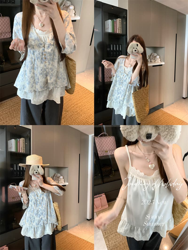 실사 정가 파란색 꽃무늬 V 넥 셔츠 7부 소매 프랑스식 인형 셔츠 레이스 캐미솔 상세 이미지 6