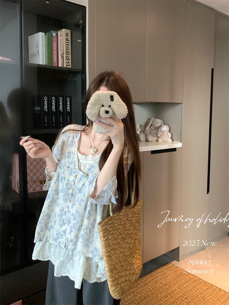 실사 정가 파란색 꽃무늬 V 넥 셔츠 7부 소매 프랑스식 인형 셔츠 레이스 캐미솔 상세 이미지 10