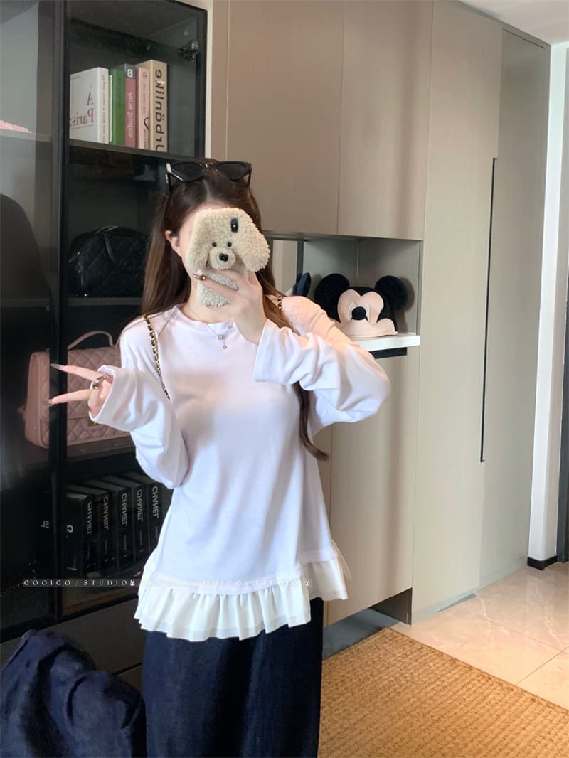 실사 정가 연령 감소 레이스 긴팔 티셔츠 여성 가을 긍정적 인 어깨 라운드 넥 기본 셔츠 루즈핏 화이트 인사이드 잡아라. 의류 상세 이미지 2