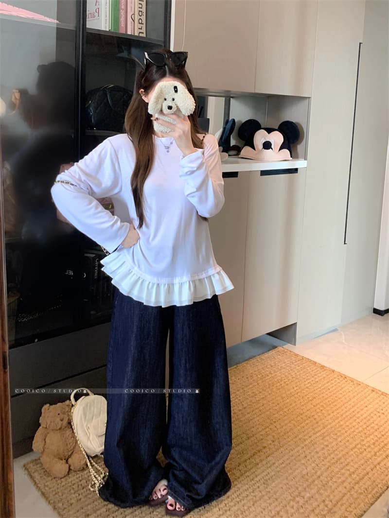 실사 정가 연령 감소 레이스 긴팔 티셔츠 여성 가을 긍정적 인 어깨 라운드 넥 기본 셔츠 루즈핏 화이트 인사이드 잡아라. 의류 상세 이미지 8