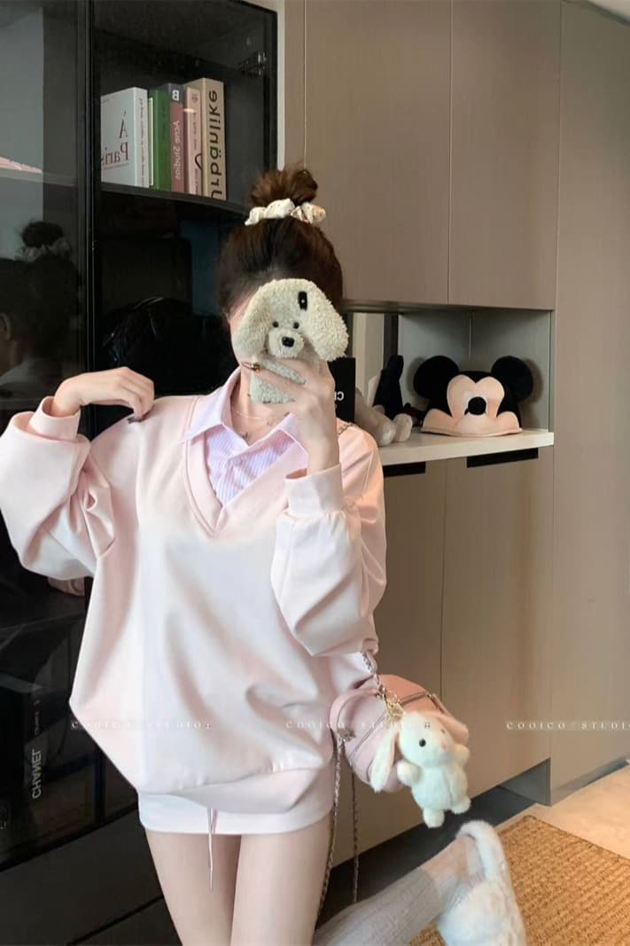 실사 정가 페이크 레이어드 긴팔 얇은 스타일 디자인 센스 후드티 핑크색 달콤함 미니 스커트 이미지 5