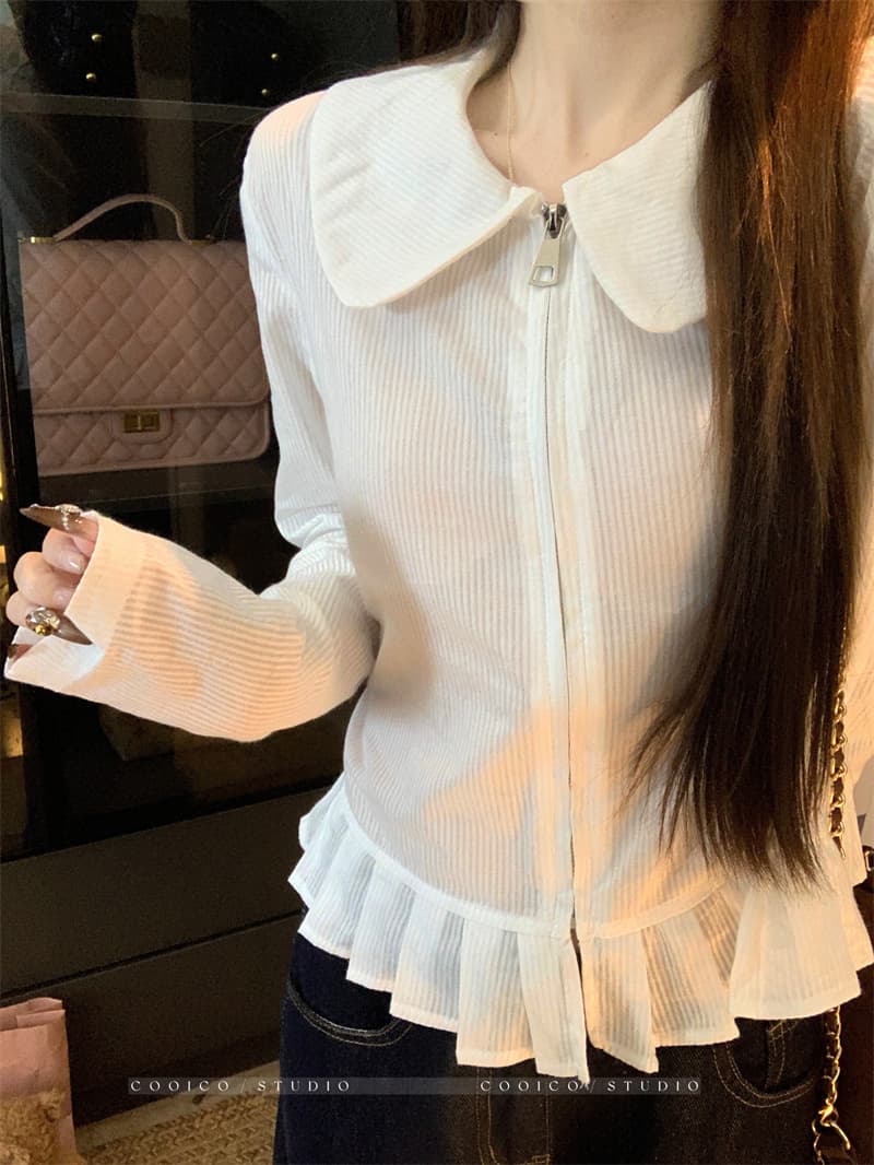 실사 정가 플리츠 디자인 허리 수축 지퍼 셔츠 핀 스트라이프 베이비 칼라 다용도 화이트 셔츠 상세 이미지 3