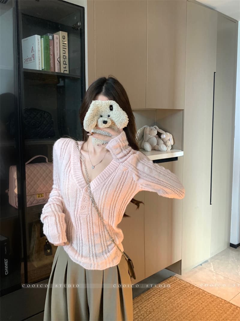 실사 정가 V넥 모직물 맨위 여성 수직 구덩이 기사 리브 홀로우 아웃 니트 스웨터