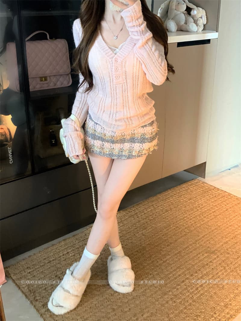 실사 정가 V넥 모직물 맨위 여성 수직 구덩이 기사 리브 홀로우 아웃 니트 스웨터 상세 이미지 9