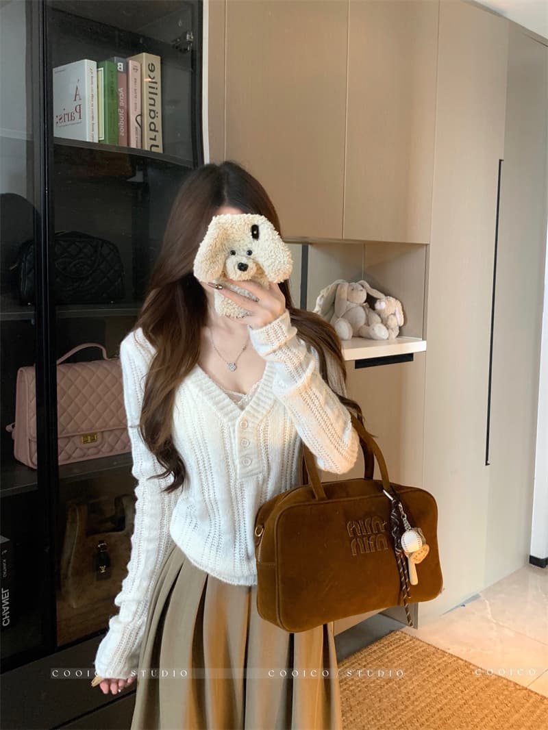 실사 정가 V넥 모직물 맨위 여성 수직 구덩이 기사 리브 홀로우 아웃 니트 스웨터 상세 이미지 18