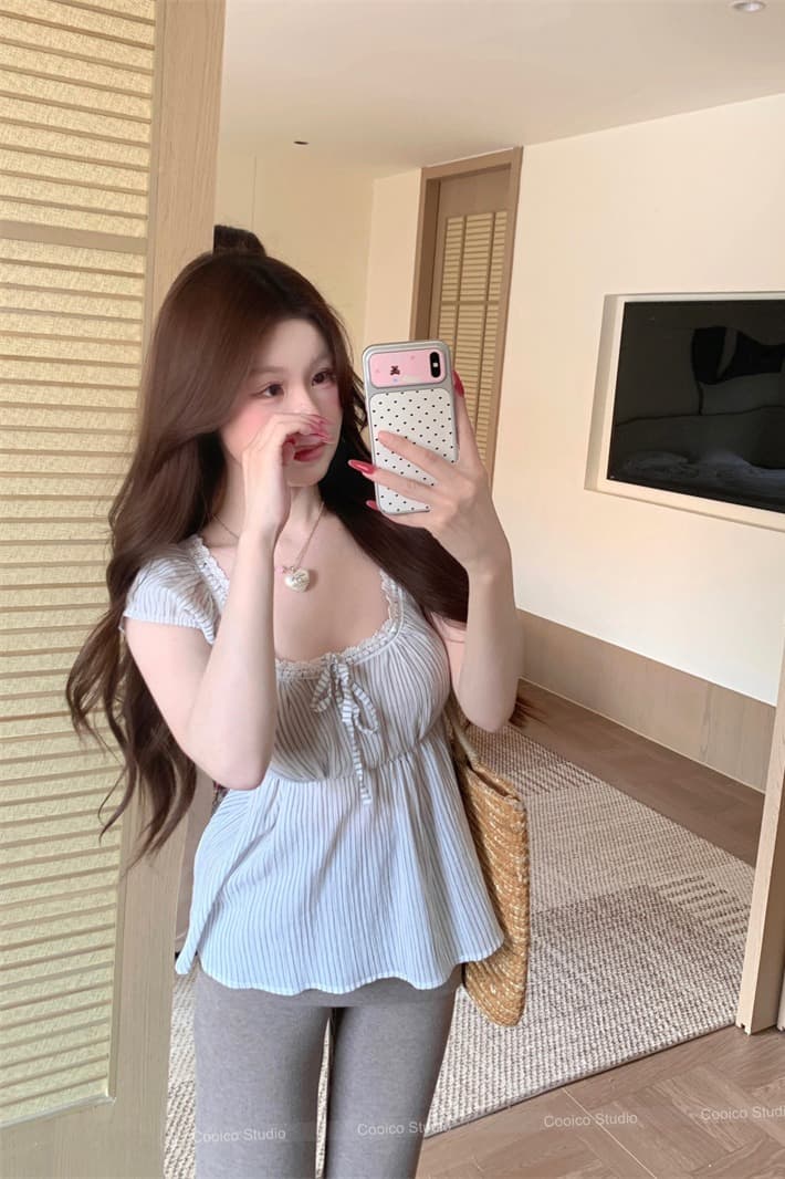실사 정가 한 부서 레이스 스트라이프 셔츠 맨위 불규칙 랩스커트팬츠 부츠컷 바지 이미지 5