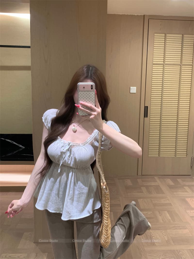 실사 정가 한 부서 레이스 스트라이프 셔츠 맨위 불규칙 랩스커트팬츠 부츠컷 바지 상세 이미지 1