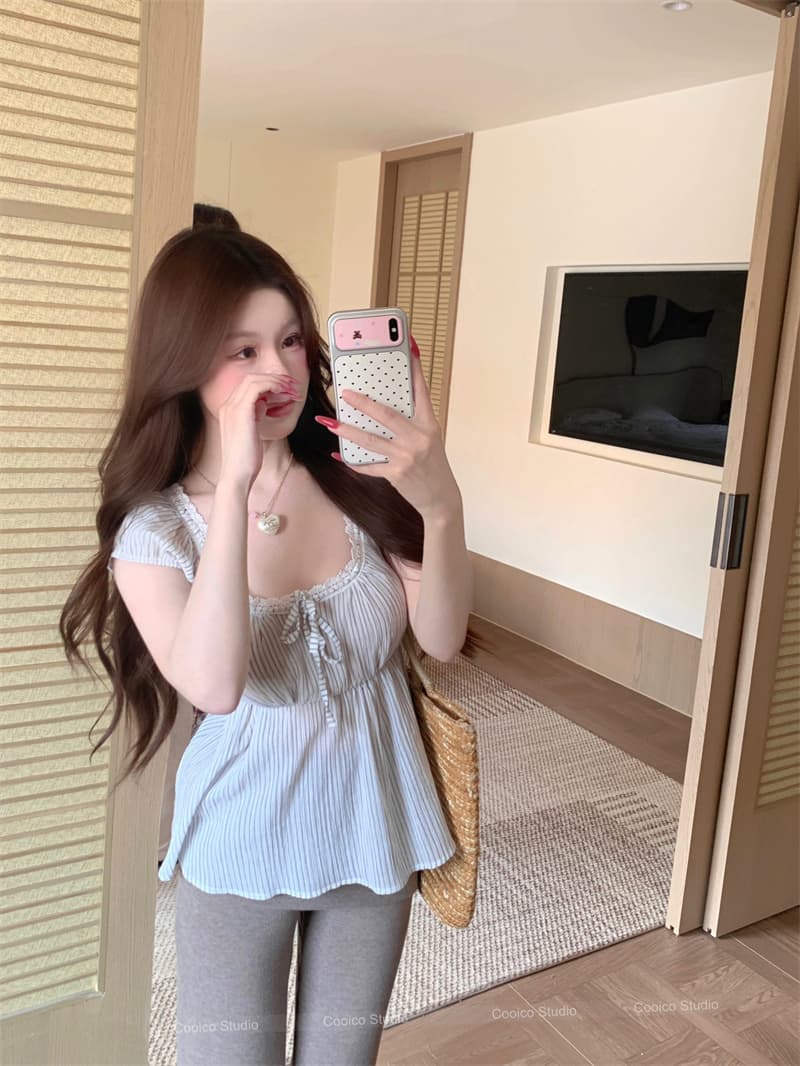 실사 정가 한 부서 레이스 스트라이프 셔츠 맨위 불규칙 랩스커트팬츠 부츠컷 바지 상세 이미지 5