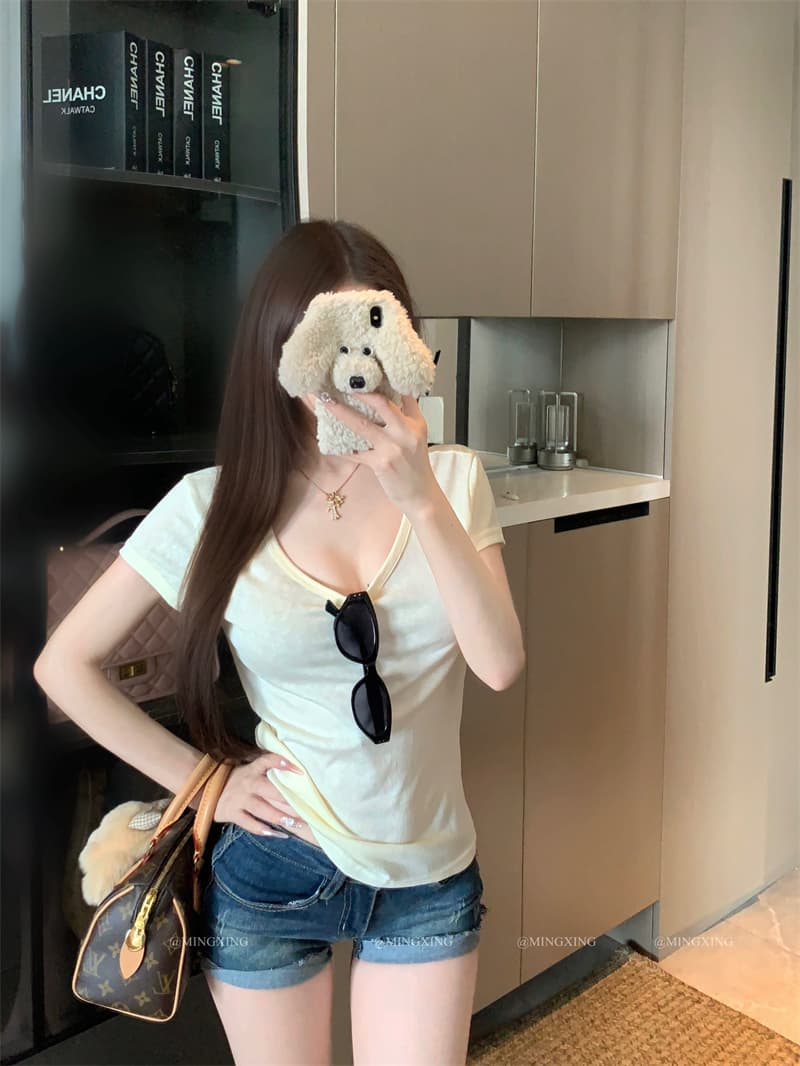 실사 정가 순수한 흰색 V넥 허리 수축 반팔 티셔츠 여성 봄 여름 높음 폭탄 의류 상세 이미지 2