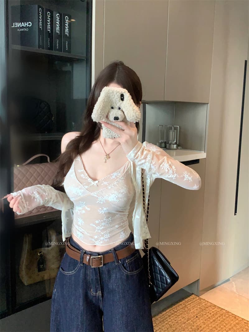 실사 정가 민소매 작은 셔츠 순수한 욕망 망사 자카드 레이스 캐미솔 오픈 가디건
