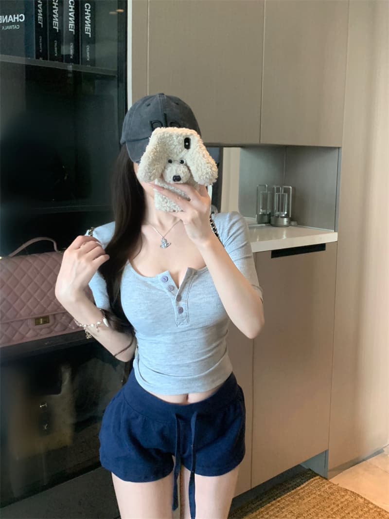실사 정가 타운 가게 일 부드러운 욕망 끓인 물 몸매 가꾸기 슬림해 보이는 반팔 티셔츠 맨위 여성 상세 이미지 19