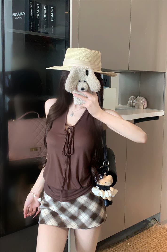 실사 정가 V넥 레이스업 캐미솔 여름 편안함 외출용 오프숄더 행침 목 맨위 이미지 5