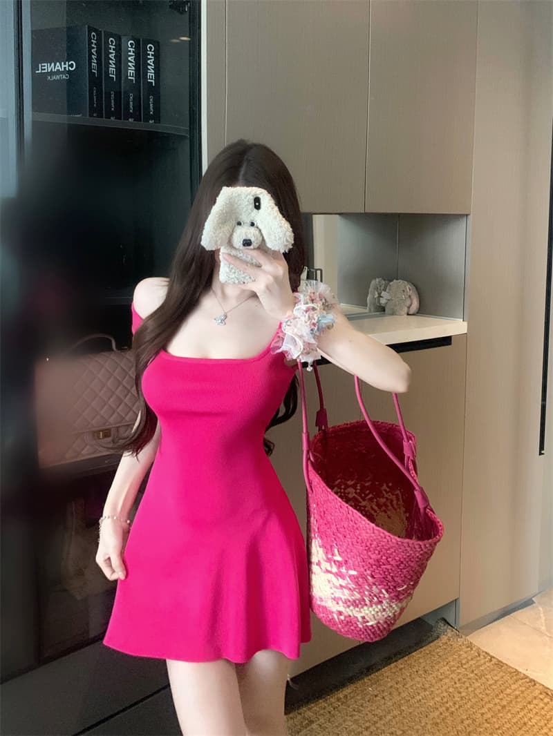 실사 정가 프랑스식 광장 칼라 니트 여성 드레스 여름 허리 수축 타이트 스커트 치마 핫걸 꼬집기 허리 미니 스커트 이미지 3