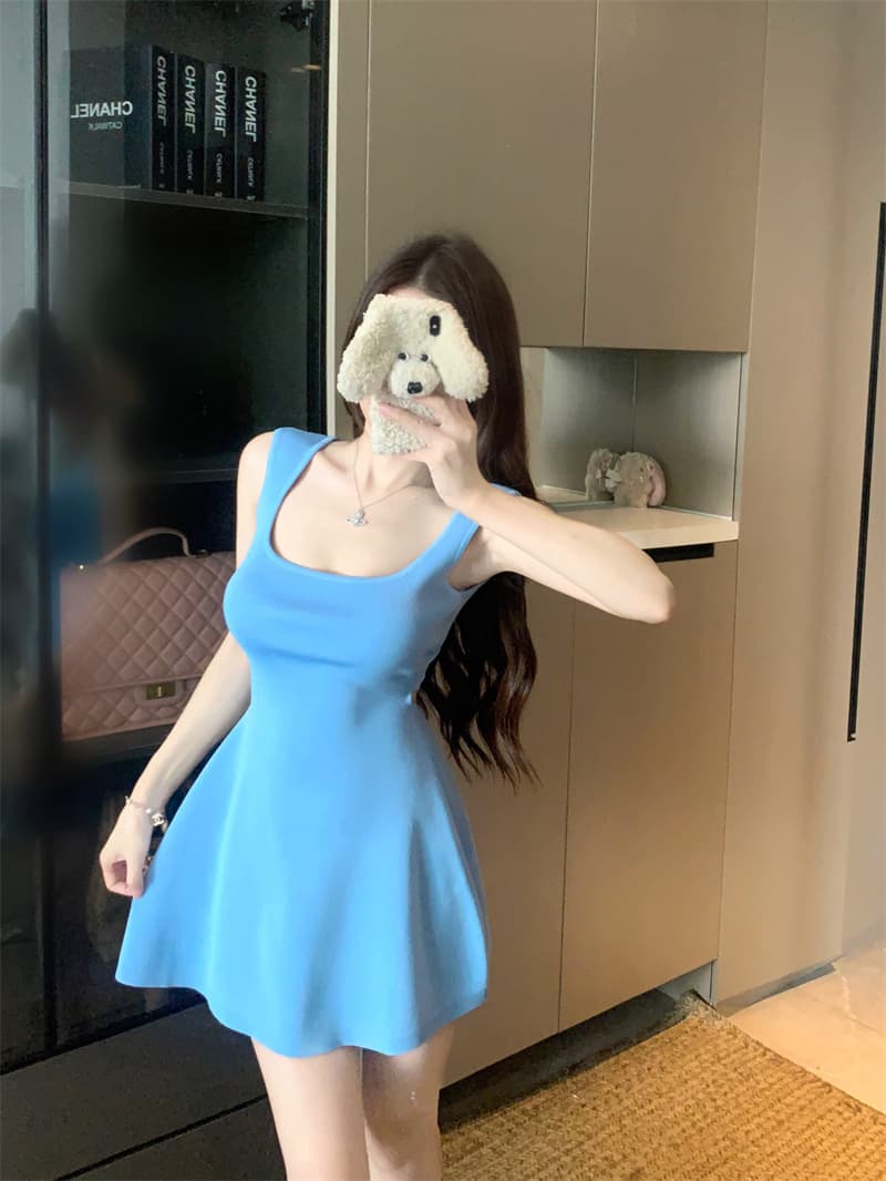 실사 정가 프랑스식 광장 칼라 니트 여성 드레스 여름 허리 수축 타이트 스커트 치마 핫걸 꼬집기 허리 미니 스커트 상세 이미지 5