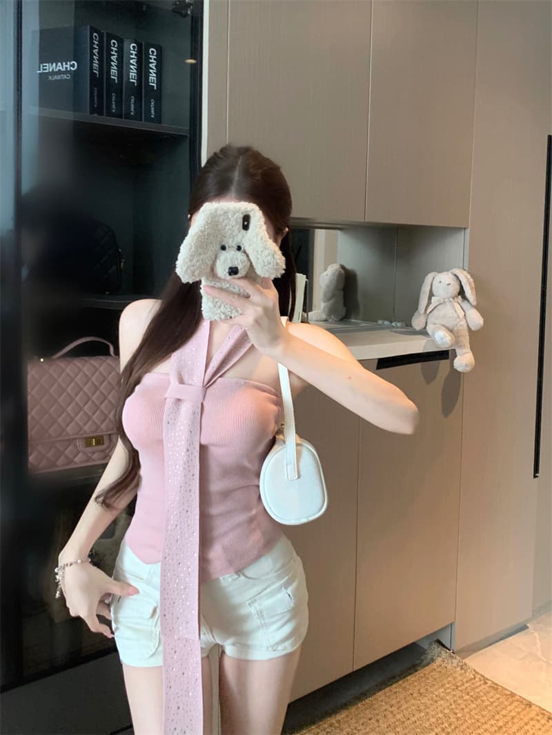 실사 정가 핫픽스 행침 목 스트랩 튜브탑 조끼 여성 패션 핫걸 디자인 센스 민소매 맨위