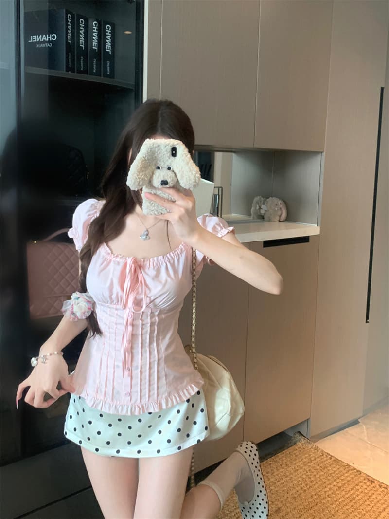 실사 정가 홀로우 아웃 광장 칼라 오프숄더 거품 소매 작은 셔츠 나비 매듭 레이스 셔츠 여성 셔츠 상세 이미지 1
