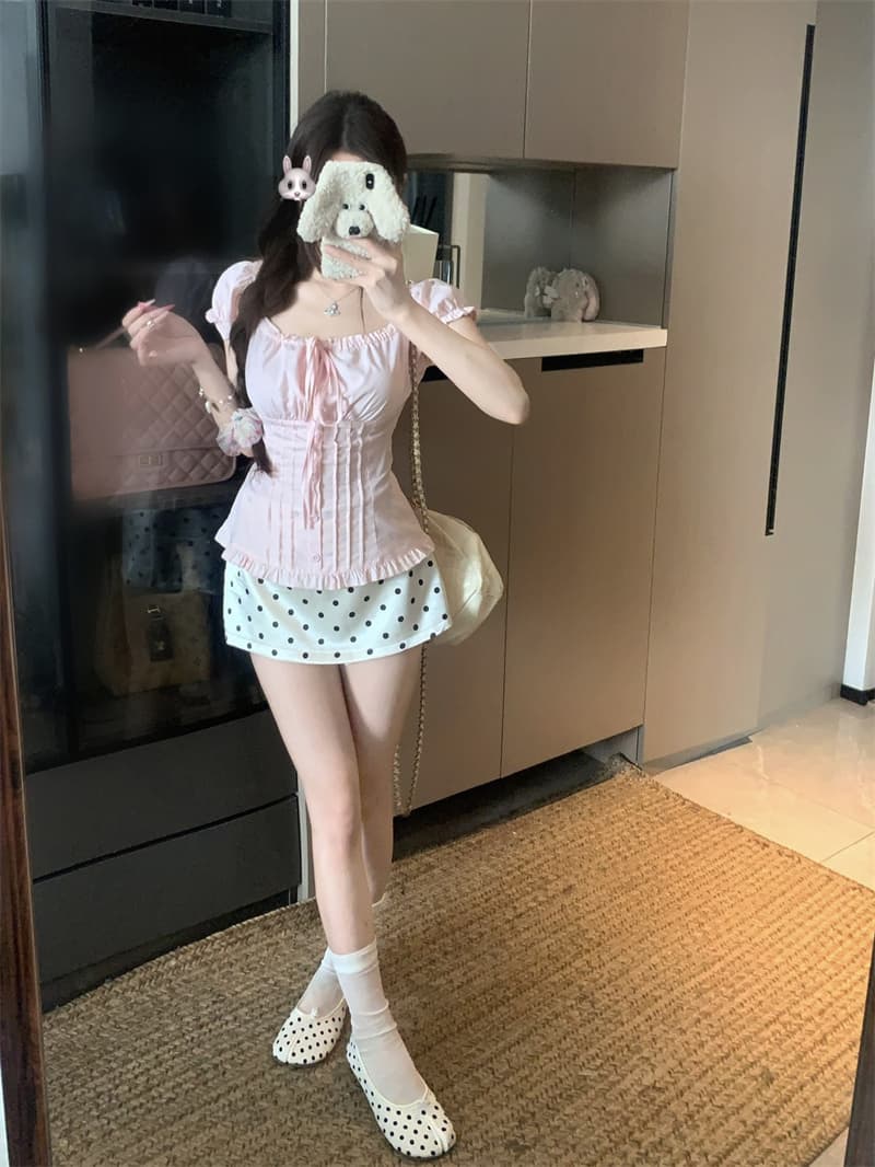 실사 정가 홀로우 아웃 광장 칼라 오프숄더 거품 소매 작은 셔츠 나비 매듭 레이스 셔츠 여성 셔츠 상세 이미지 8