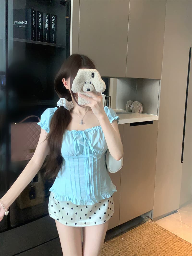 실사 정가 홀로우 아웃 광장 칼라 오프숄더 거품 소매 작은 셔츠 나비 매듭 레이스 셔츠 여성 셔츠 상세 이미지 14