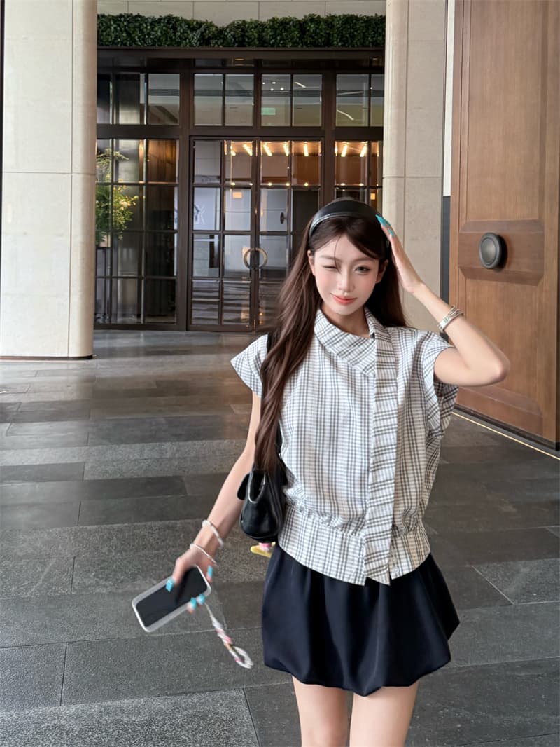 실사 정가 한 부서 학원 스타일 비스듬한 칼라 리본 반팔 여성 셔츠 슬림해 보이는 맨위 미니 스커트 투피스 세트 상세 이미지 5
