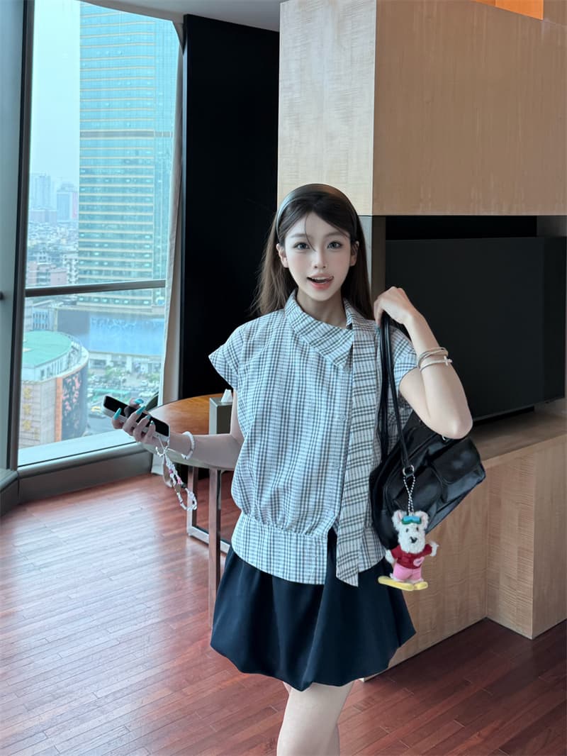 실사 정가 한 부서 학원 스타일 비스듬한 칼라 리본 반팔 여성 셔츠 슬림해 보이는 맨위 미니 스커트 투피스 세트 상세 이미지 7