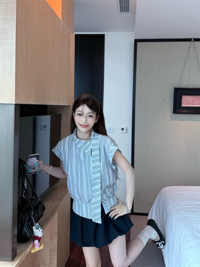 실사 정가 한 부서 학원 스타일 비스듬한 칼라 리본 반팔 여성 셔츠 슬림해 보이는 맨위 미니 스커트 투피스 세트 상세 이미지 11