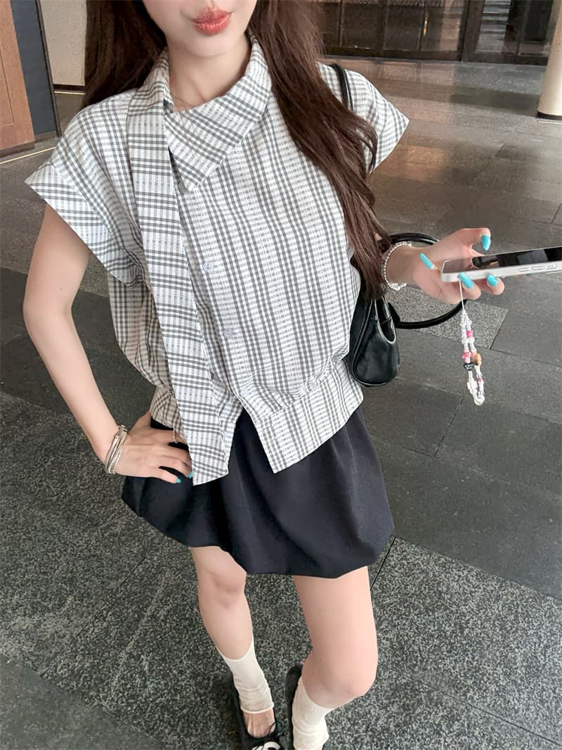 실사 정가 한 부서 학원 스타일 비스듬한 칼라 리본 반팔 여성 셔츠 슬림해 보이는 맨위 미니 스커트 투피스 세트 상세 이미지 15