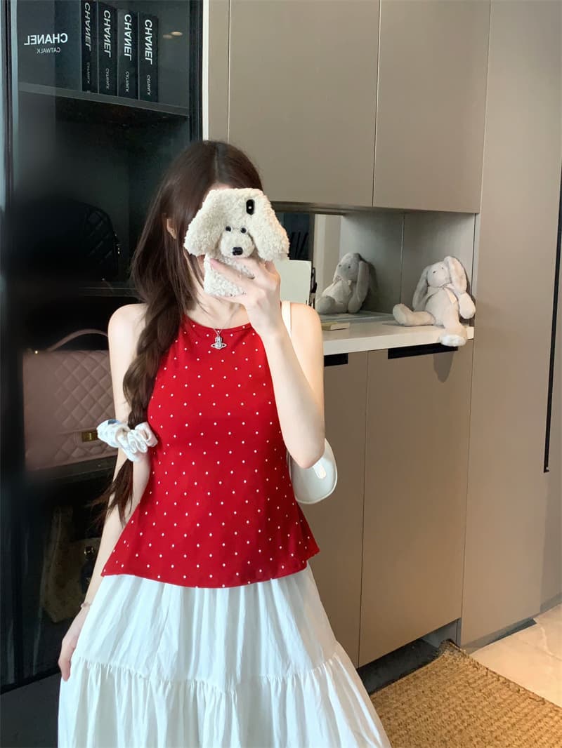 실사 정가 도트 무늬 캐미솔 인사이드 가져 가라. 여름 한 부서 몸매 가꾸기 뒤로 스트랩 민소매 외출용 맨위 상세 이미지 4