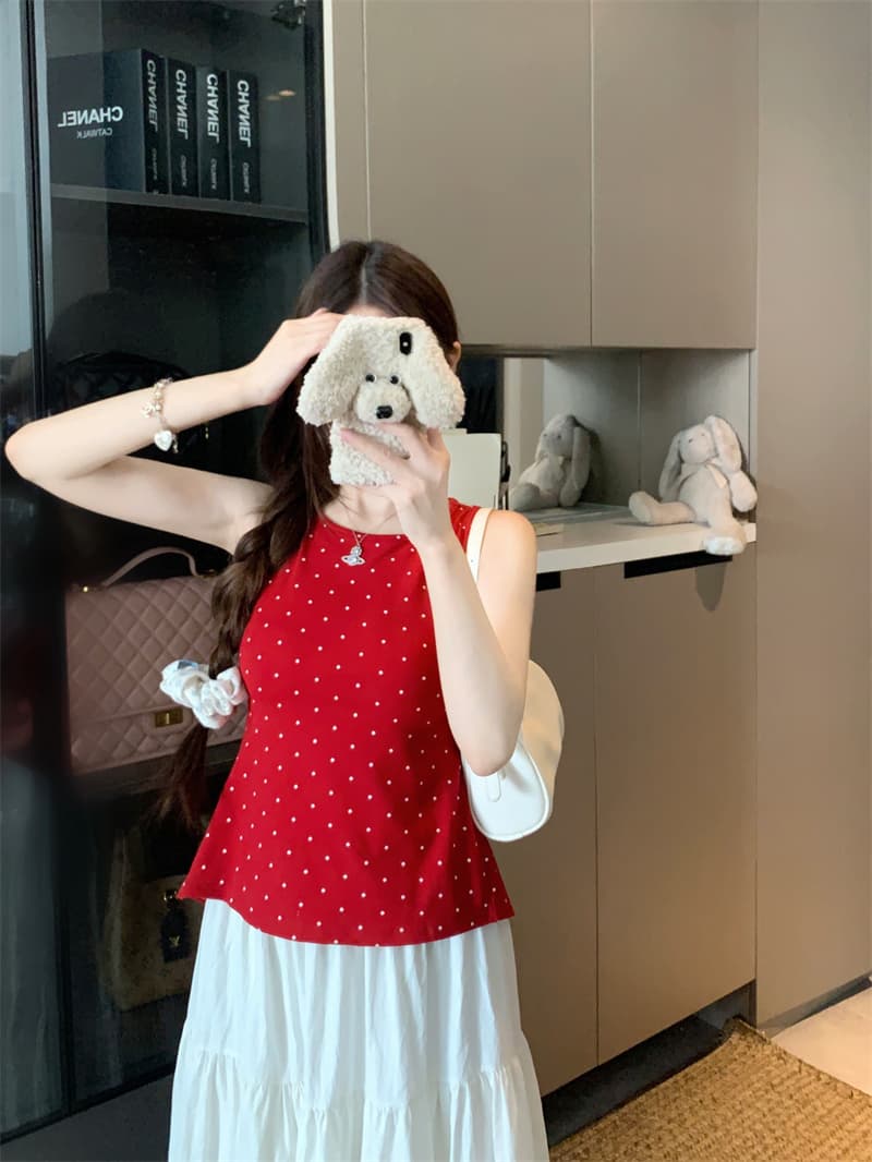 실사 정가 도트 무늬 캐미솔 인사이드 가져 가라. 여름 한 부서 몸매 가꾸기 뒤로 스트랩 민소매 외출용 맨위 상세 이미지 12