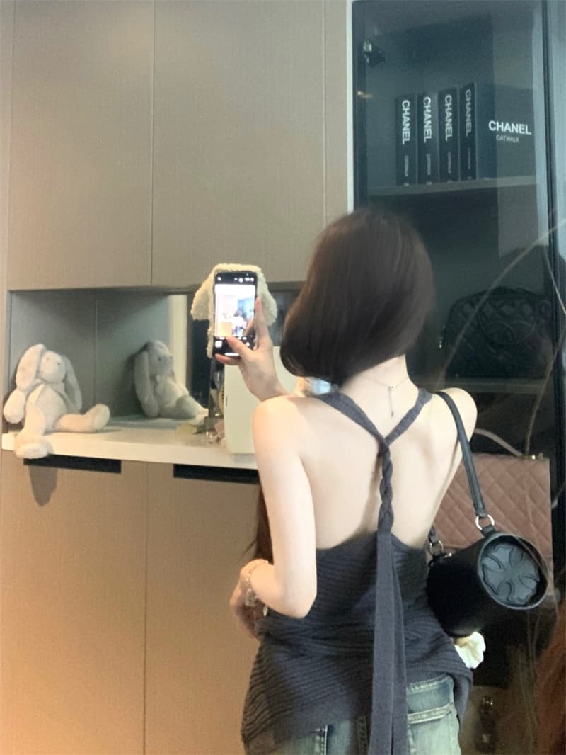 실사 정가 프랑스식 행침 목 홀로우 아웃 백리스 니트 조끼 여성 여름 순수한 욕망 루즈핏 슬림해 보이는 민소매 의류 상세 이미지 2