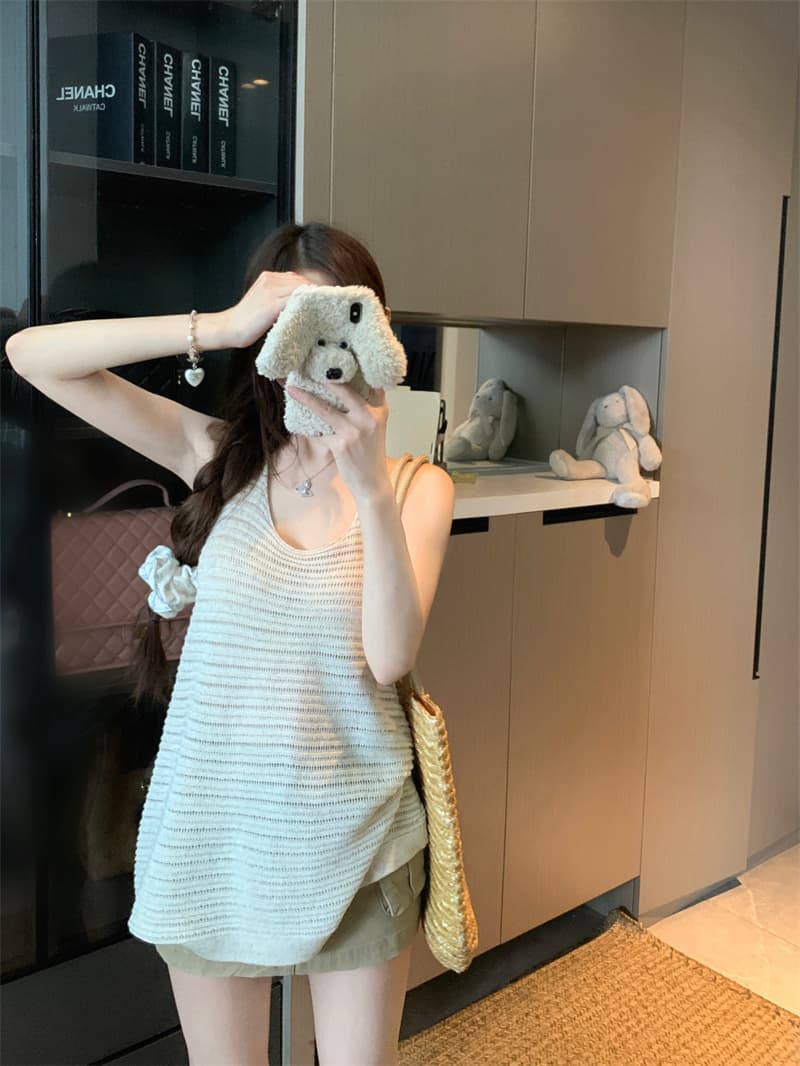 실사 정가 프랑스식 행침 목 홀로우 아웃 백리스 니트 조끼 여성 여름 순수한 욕망 루즈핏 슬림해 보이는 민소매 의류 상세 이미지 3