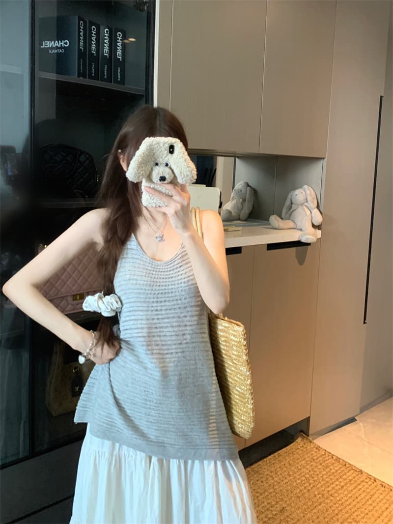 실사 정가 프랑스식 행침 목 홀로우 아웃 백리스 니트 조끼 여성 여름 순수한 욕망 루즈핏 슬림해 보이는 민소매 의류 상세 이미지 4