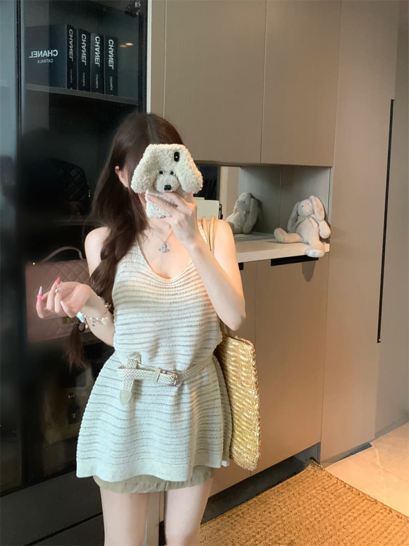 실사 정가 프랑스식 행침 목 홀로우 아웃 백리스 니트 조끼 여성 여름 순수한 욕망 루즈핏 슬림해 보이는 민소매 의류 상세 이미지 9