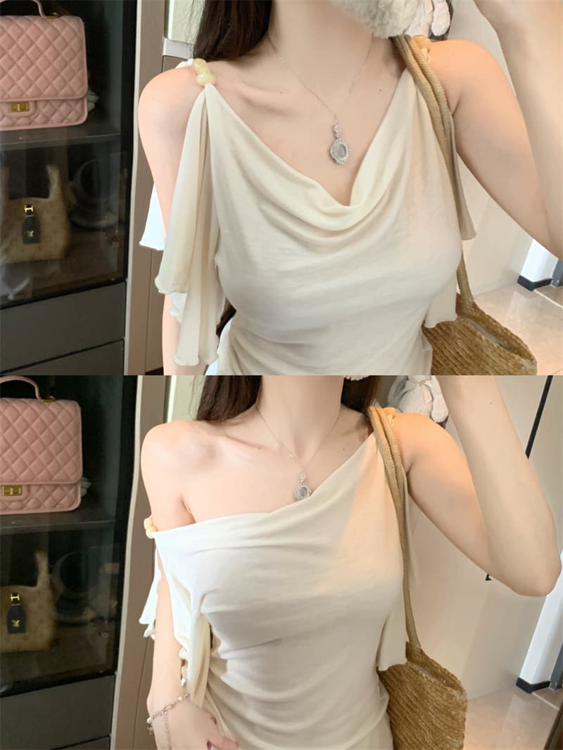 실사 정가 프랑스식 비즈 흔들다 칼라 도루 느낌 측면 민소매 맨위 여성 상세 이미지 3