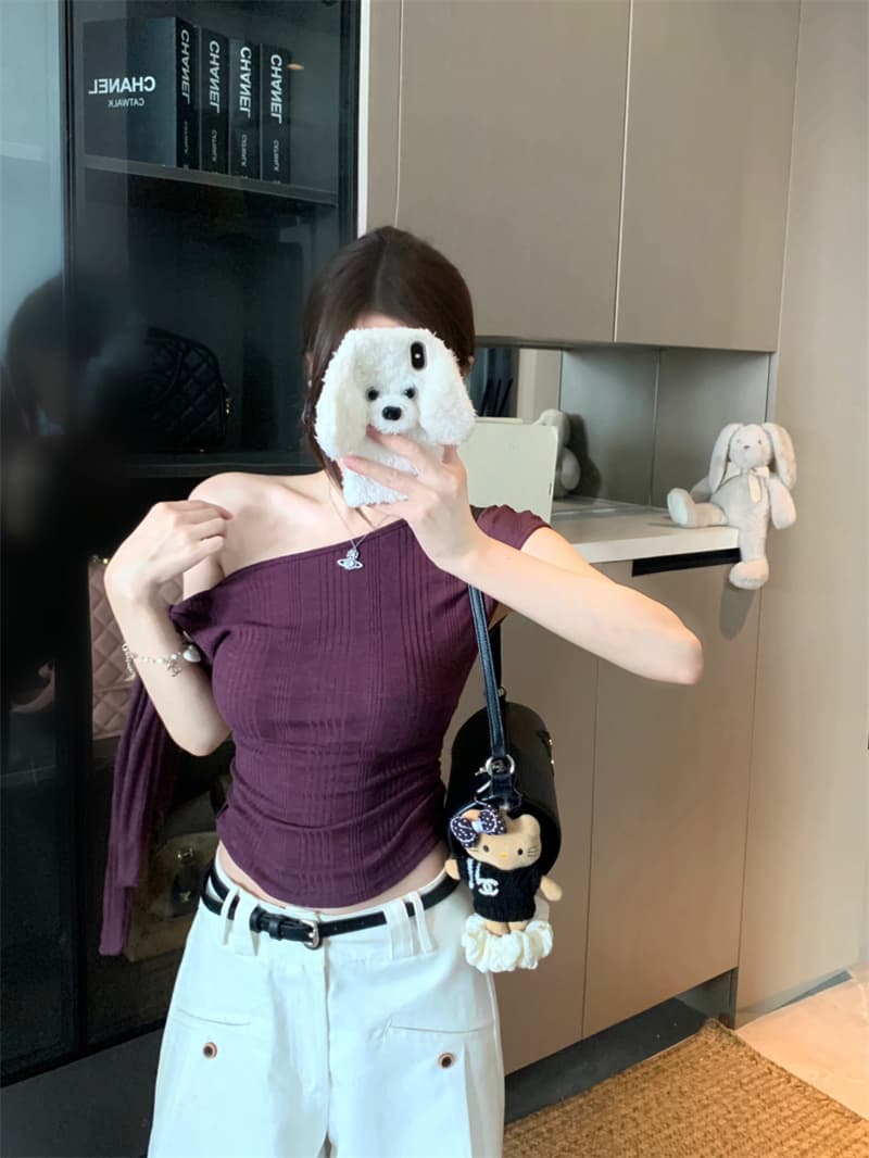 실사 정가 불규칙 비스듬한 어깨 반팔 티셔츠 여성 여름 새로운 몸매 가꾸기 슬림해 보이는 디자인 센스 오프숄더 맨위 이미지 2