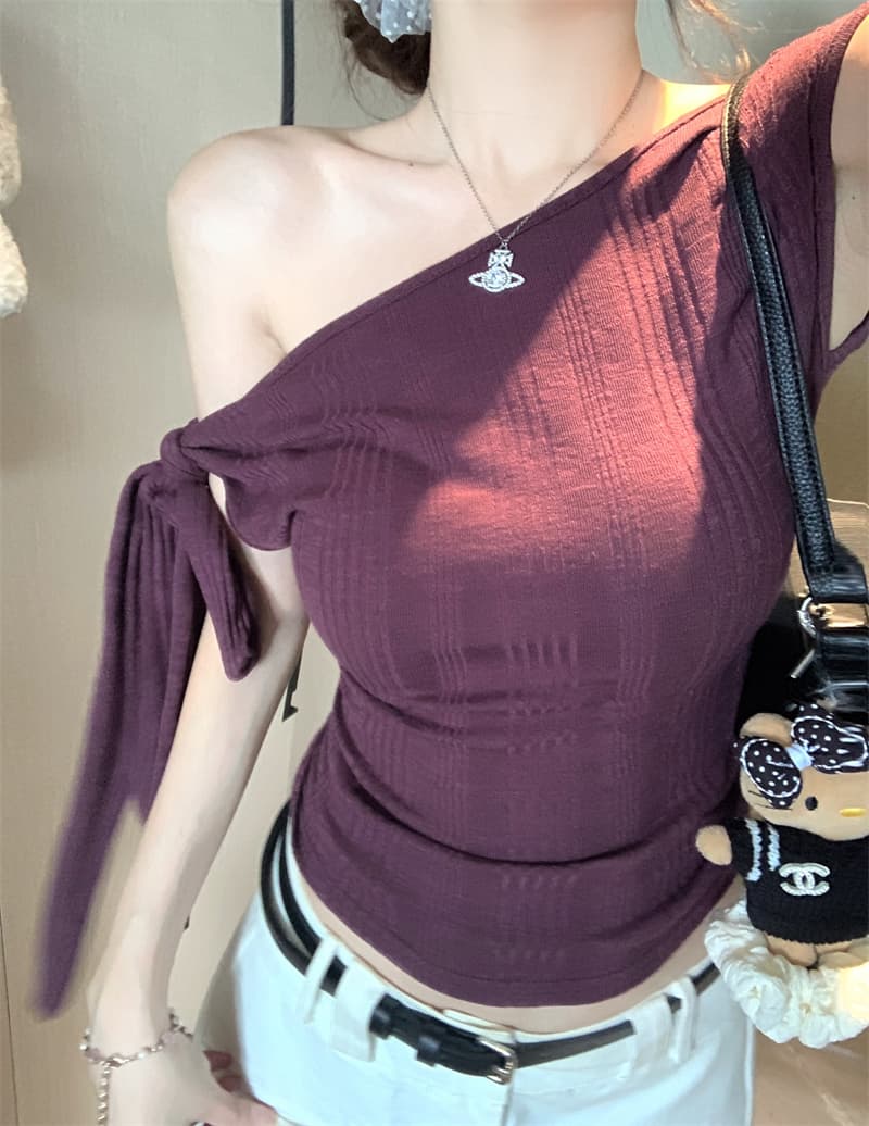 실사 정가 불규칙 비스듬한 어깨 반팔 티셔츠 여성 여름 새로운 몸매 가꾸기 슬림해 보이는 디자인 센스 오프숄더 맨위 상세 이미지 11