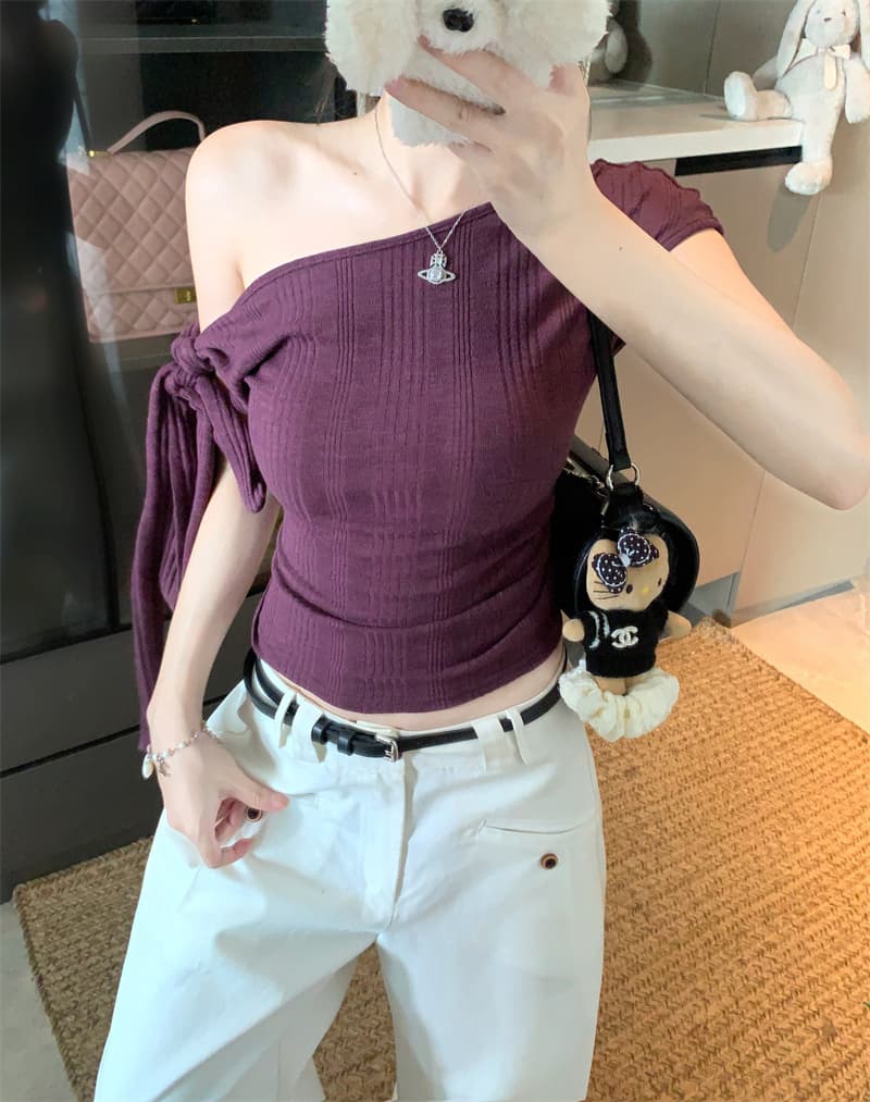 실사 정가 불규칙 비스듬한 어깨 반팔 티셔츠 여성 여름 새로운 몸매 가꾸기 슬림해 보이는 디자인 센스 오프숄더 맨위 상세 이미지 12