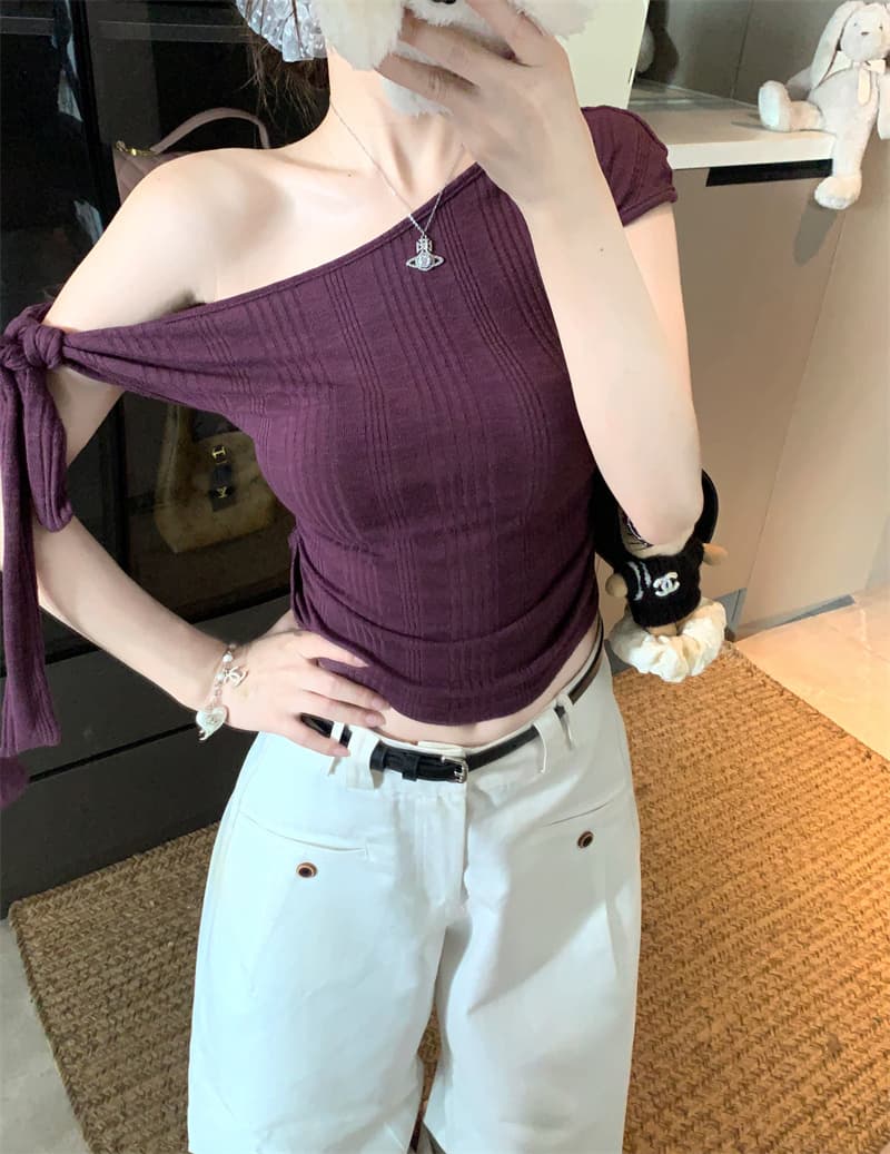 실사 정가 불규칙 비스듬한 어깨 반팔 티셔츠 여성 여름 새로운 몸매 가꾸기 슬림해 보이는 디자인 센스 오프숄더 맨위 상세 이미지 13