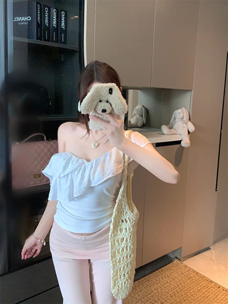 실사 정가 프릴 순수한 욕망 바람 섹시함 오프숄더 티셔츠 여성 여름 다용도 몸매 가꾸기 슬림해 보이는 핫걸 맨위 상세 이미지 3