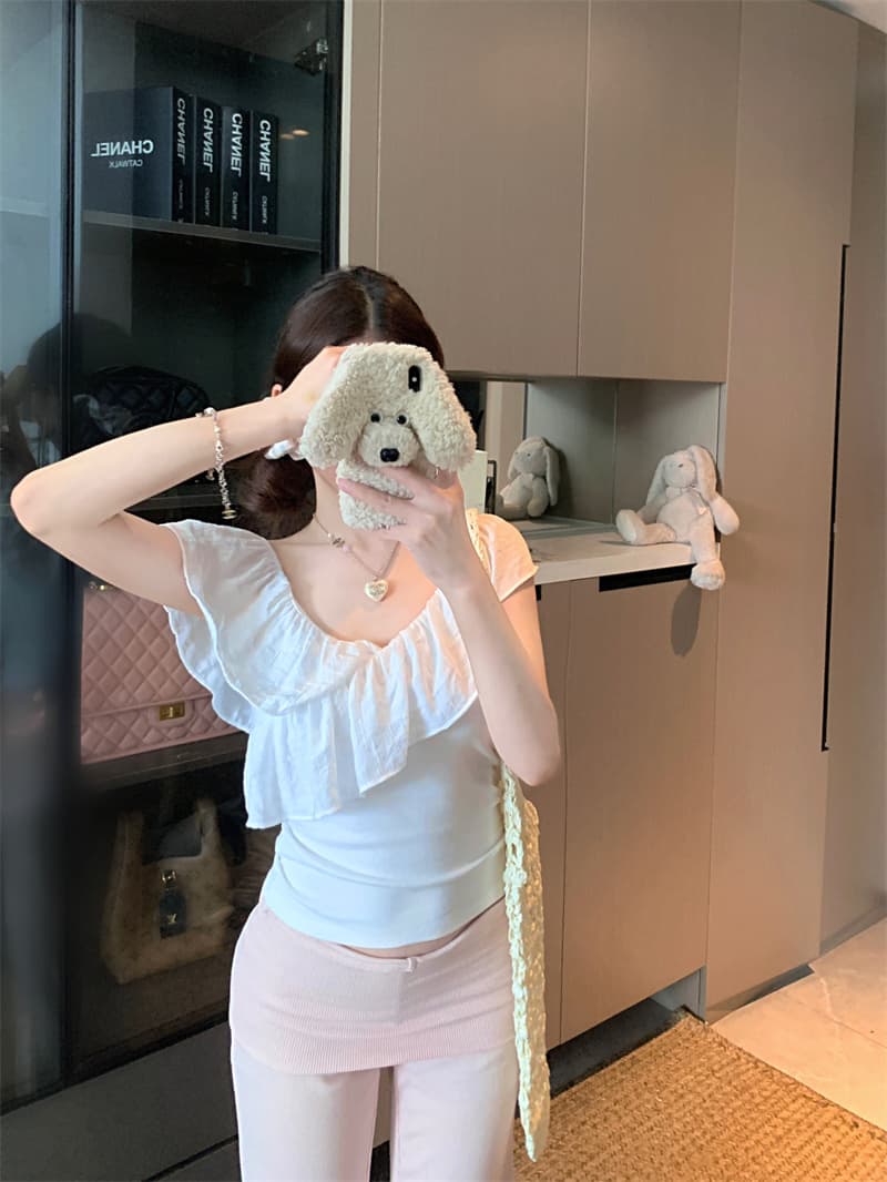 실사 정가 프릴 순수한 욕망 바람 섹시함 오프숄더 티셔츠 여성 여름 다용도 몸매 가꾸기 슬림해 보이는 핫걸 맨위 상세 이미지 5